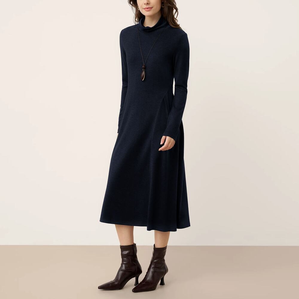 Lintico Navy Wool Sculpted Pleats Turtleneck Midi Shift Dress XXL Briar